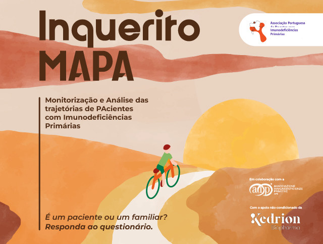 Cartaz do Inquérito MAPA sobre a monitorização de pacientes com Imunodeficiências Primárias, a convidar pacientes e familiares a responderem ao questionário. Inclui logótipos da APIDP e Kedrion Biopharma.